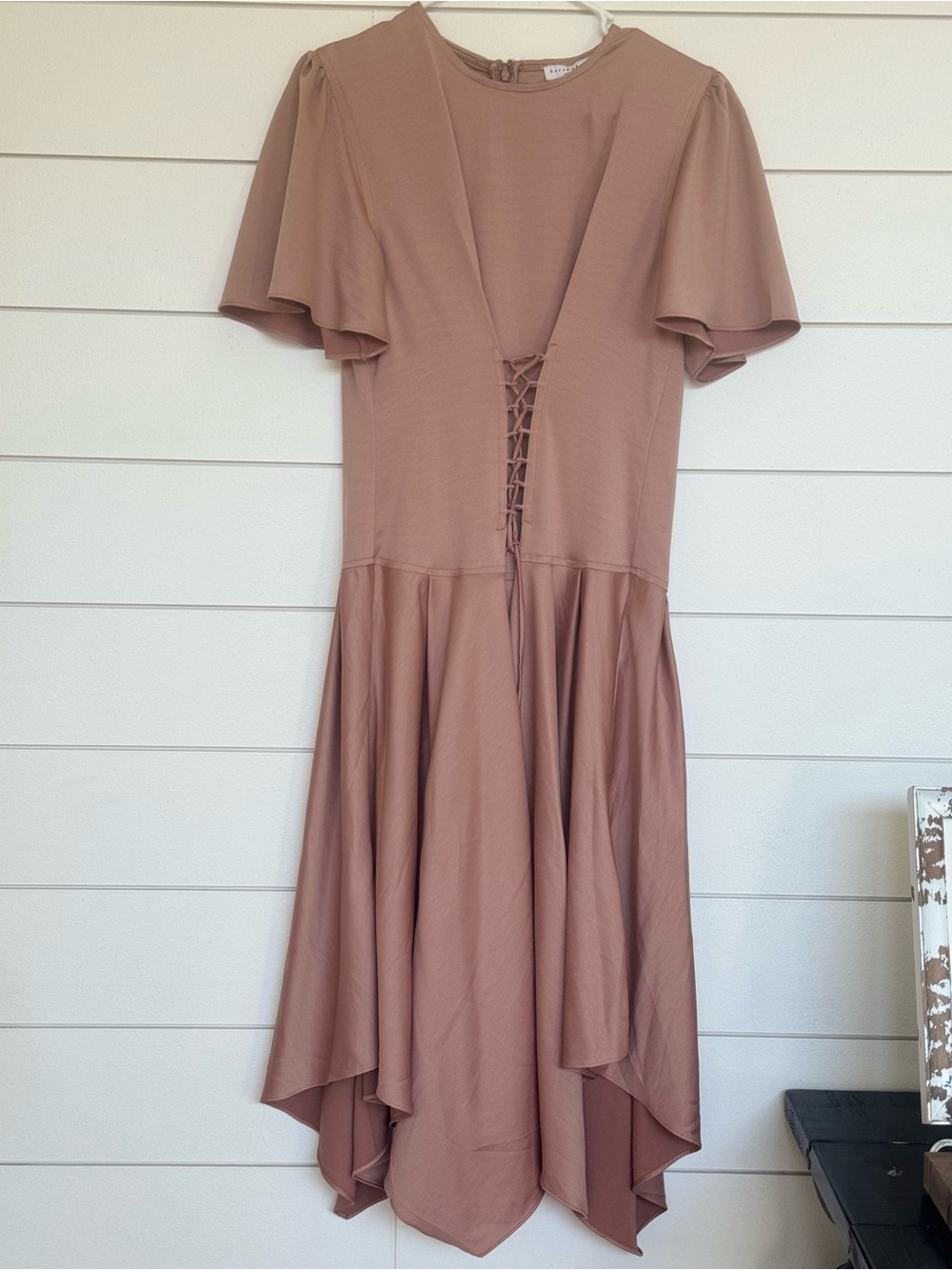 bohme Dusty Mauve Lace-Up Flutter Midi Dress